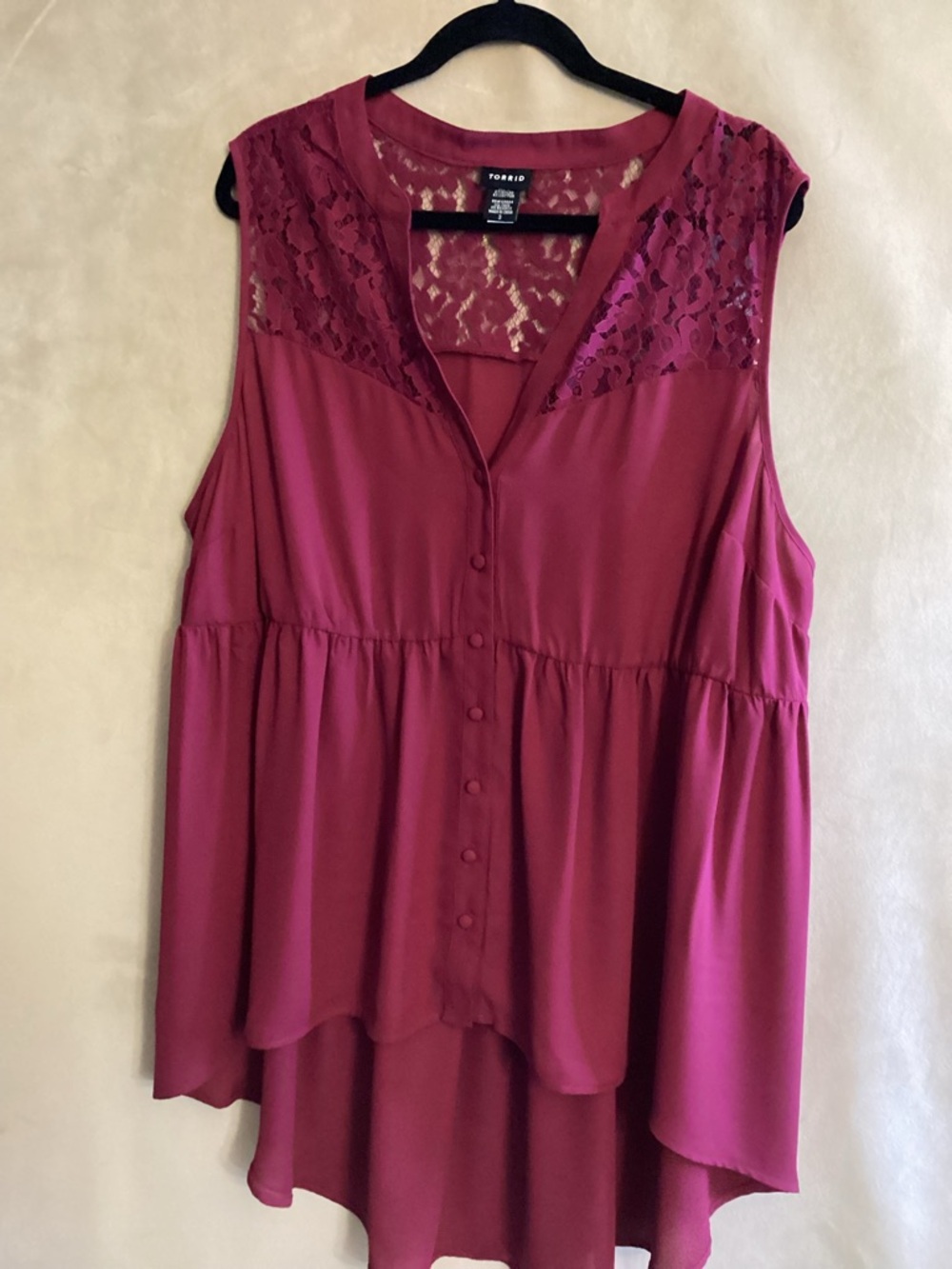 torrid Sleeveless Lace Yoke Button-Front Tunic in Berry Pink